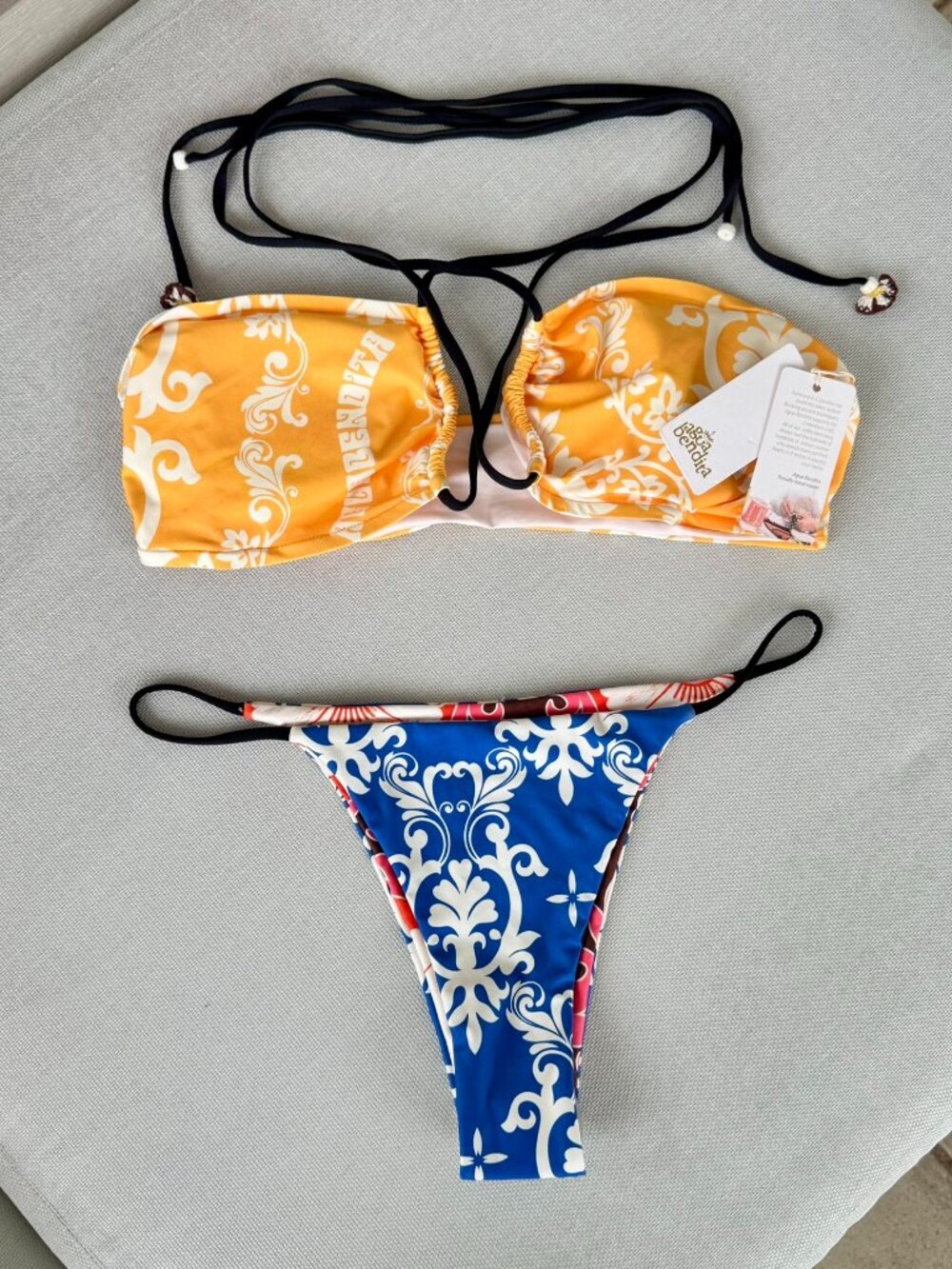 NWT Agua Bendita Eames Reversible Two-Piece Bikini Set Blue Yellow Large